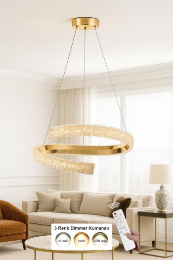 Avizemoda Milly 50 cm Dimmer Kumandalı 3 Renk Ledli (Sarı-Beyaz-Gün Işığı) Modern Akrilik Avize -Gold