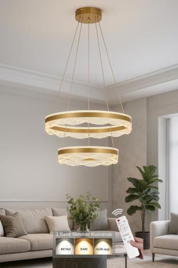 Avizemoda Estilo 2 Katlı Dim Kumandalı 3 Renk Ledli (Sarı-Beyaz-Gün Işığı) Modern Akrilik Avize -Sarı Yaldız