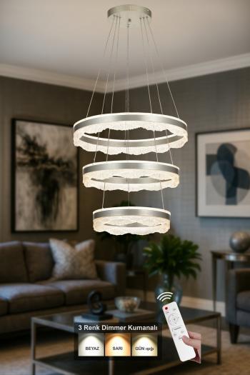 Avizemoda Estilo 3 Katlı Dimmer Kumandalı 3 Renk Ledli (Sarı-Beyaz-Gün Işığı) Modern Akrilik Avize -Gümüş