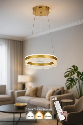 Avizemoda Estilo 40 cm Dimmer Kumandalı 3 Renk Ledli (Sarı-Beyaz-Gün Işığı) Modern Akrilik Avize - Sarı Yaldız
