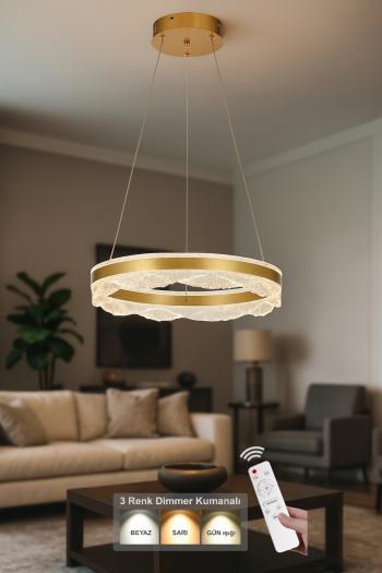 Avizemoda Estilo 50 cm Dimmer Kumandalı 3 Renk Ledli (Sarı-Beyaz-Gün Işığı) Modern Akrilik Avize - Sarı Yaldız