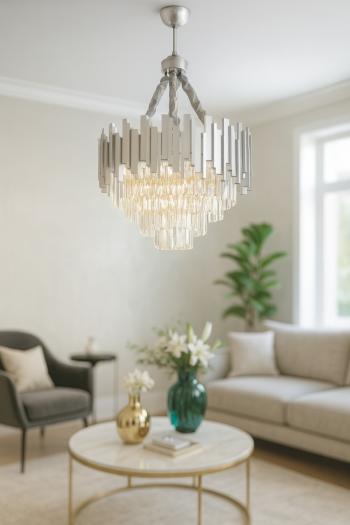 Avizemoda Sima 50 Cm'lik Kristal Cam Taşlı Lüks Avize - (gümüş Yaldız)