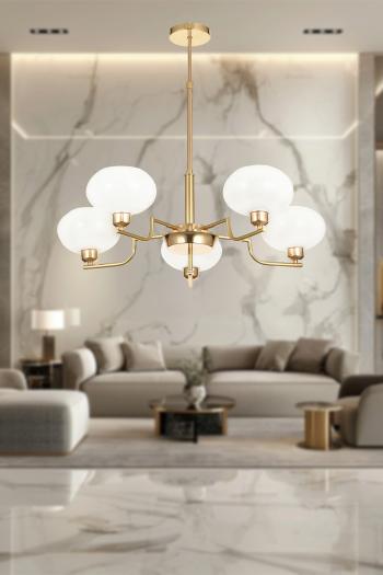 Avizemoda Vanna 5 li Beyaz Camlı Salon Oturma Odası Modern Sarkıt Avize - (Gold Kaplama)
