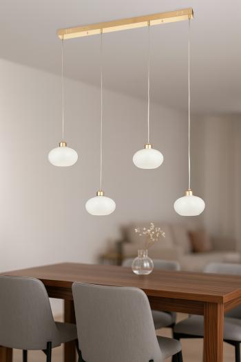 Avizemoda Vanna 4 lü Yemek Masası Üstü Beyaz Camlı Modern Sarkıt Avize - (Gold Kaplama)