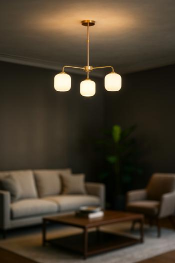 Avizemoda Siena 3 lü Beyaz Camlı Salon Oturma Odası Modern Sarkıt Avize - (Gold Kaplama)
