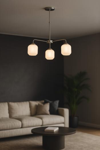 Avizemoda Siena 3 lü Beyaz Camlı Salon Oturma Odası Modern Sarkıt Avize - (Krom Kaplama)