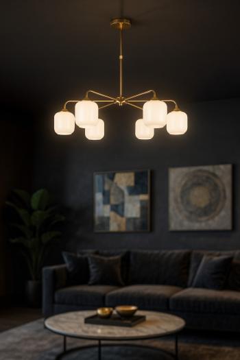 Avizemoda Siena 6 lı Beyaz Camlı Salon Oturma Odası Modern Sarkıt Avize - (Gold Kaplama)