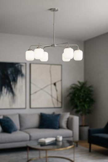 Avizemoda Siena 6 lı Beyaz Camlı Salon Oturma Odası Modern Sarkıt Avize - (Krom Kaplama)