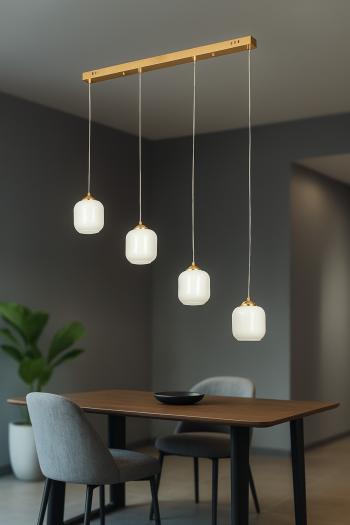 Avizemoda Siena 4 lü Yemek Masası Üstü Beyaz Camlı Modern Sarkıt Avize - (Gold Kaplama)