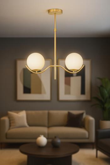 Avizemoda Ranya 2 li Beyaz Camlı Salon Oturma Odası Modern Avize - (Gold Kaplama)