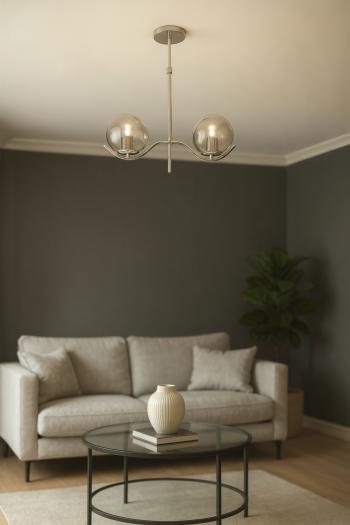 Avizemoda Ranya 2 li Füme Camlı Salon Oturma Odası Modern Avize - (Krom Kaplama)