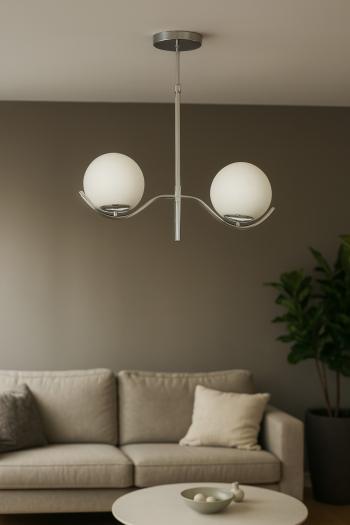 Avizemoda Ranya 2 li Beyaz Camlı Salon Oturma Odası Modern Avize - (Krom Kaplama)