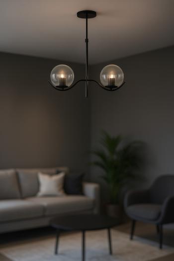 Avizemoda Ranya 2 li Şeffaf Camlı Salon Oturma Odası Modern Avize - (Siyah)