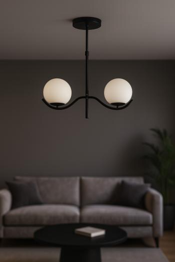 Avizemoda Ranya 2 li Beyaz Camlı Salon Oturma Odası Modern Avize - (Siyah)