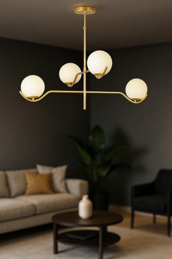 Avizemoda Ranya 4 lü Beyaz Camlı Salon Oturma Odası Modern Kollu Avize - (Gold Kaplama)