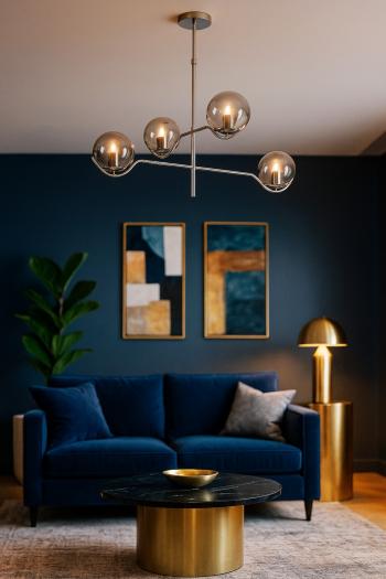 Avizemoda Ranya 4 Lü Füme Camlı Salon Oturma Odası Modern Kollu Avize - (KROM KAPLAMA)