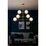Avizemoda Ranya 6 lı Beyaz Camlı Salon Oturma Odası Modern Kollu Avize - (Gold Kaplama)