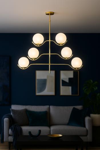 Avizemoda Ranya 6 lı Beyaz Camlı Salon Oturma Odası Modern Kollu Avize - (Gold Kaplama)