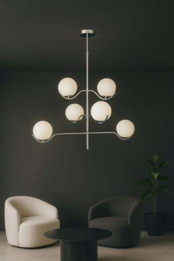 Avizemoda Ranya 6 lı Beyaz Camlı Salon Oturma Odası Modern Kollu Avize - (Krom Kaplama)
