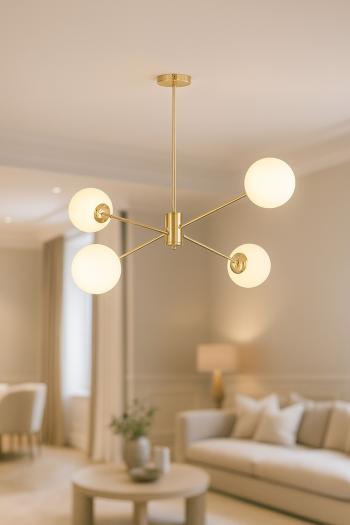 Avizemoda Pinza 4 lü Beyaz Camlı Salon Oturma Odası Modern Kollu Avize - (Gold Kaplama)