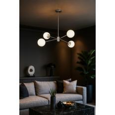 Avizemoda Pinza 4 lü Beyaz Camlı Salon Oturma Odası Modern Kollu Avize - (Krom Kaplama)