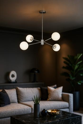 Avizemoda Pinza 4 lü Beyaz Camlı Salon Oturma Odası Modern Kollu Avize - (Krom Kaplama)