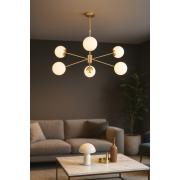 Avizemoda Pinza 6 lı Beyaz Camlı Salon Oturma Odası Modern Kollu Avize - (Gold Kaplama)