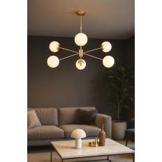 Avizemoda Pinza 6 lı Beyaz Camlı Salon Oturma Odası Modern Kollu Avize - (Gold Kaplama)