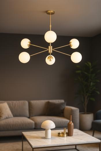 Avizemoda Pinza 6 lı Beyaz Camlı Salon Oturma Odası Modern Kollu Avize - (Gold Kaplama)