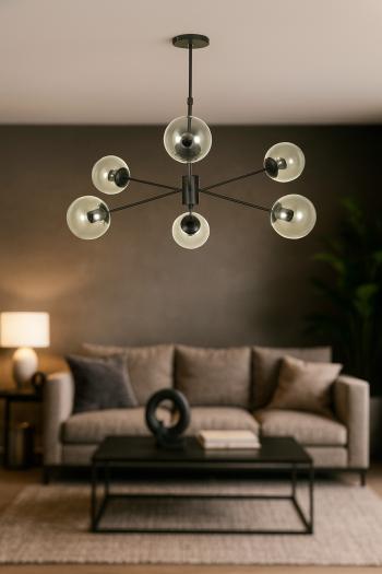 Avizemoda Pinza 6 lı Şeffaf Camlı Salon Oturma Odası Modern Kollu Avize - (Siyah)