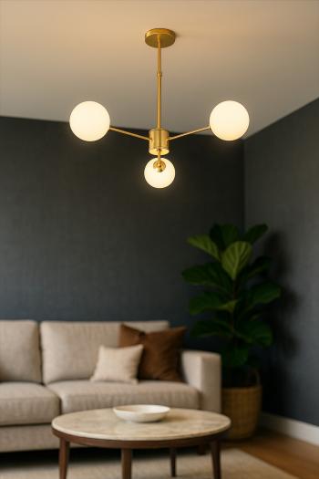 Avizemoda Miya 3 lü Beyaz Camlı Salon Oturma Odası Modern Sarkıt Avize - (Gold Kaplama)