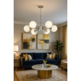 Avizemoda Miya 6 lı Beyaz Camlı Salon Oturma Odası Modern Sarkıt Avize - (Krom Kaplama)