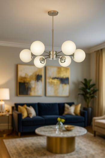 Avizemoda Miya 6 lı Beyaz Camlı Salon Oturma Odası Modern Sarkıt Avize - (Krom Kaplama)