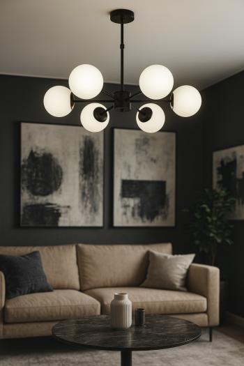 Avizemoda Miya 6 lı Beyaz Camlı Salon Oturma Odası Modern Sarkıt Avize - (Siyah)