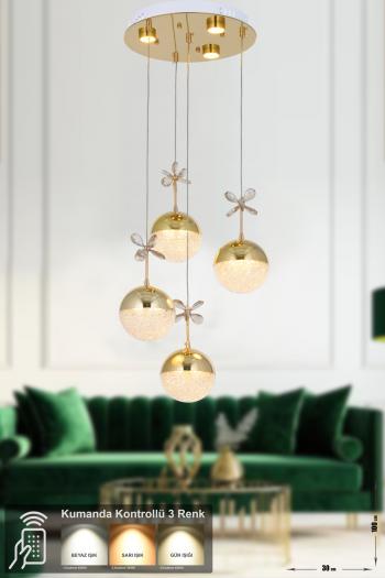 Avizemoda Forde 4'lü Power Ledli Kumandalı Modern Lüks Sarkıt Avize, 3 Renk: Sarı-beyaz-gün Işığı - Gold