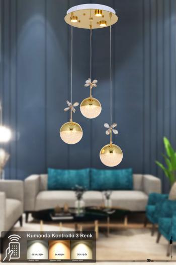 Avizemoda Forde 3'lü Power Ledli Kumandalı Modern Lüks Sarkıt Avize, 3 Renk: Sarı-beyaz-gün Işığı - Gold