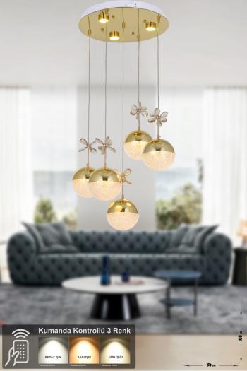 Avizemoda Forde 5'li Power Ledli Kumandalı Modern Lüks Sarkıt Avize, 3 Renk: Sarı-beyaz-gün Işığı - Gold