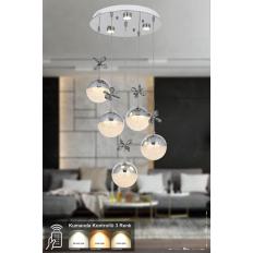 Avizemoda Forde 5'li Power Ledli Kumandalı Modern Lüks Sarkıt Avize, 3 Renk: Sarı-beyaz-gün Işığı - Krom