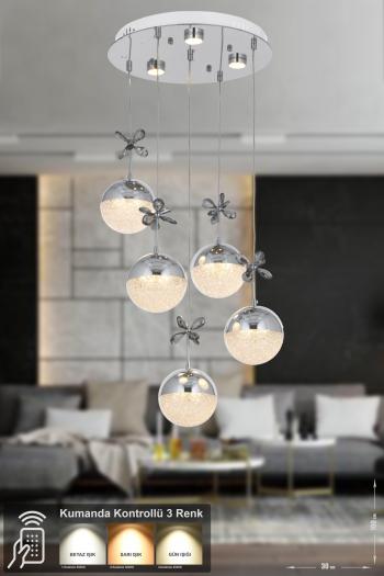 Avizemoda Forde 5'li Power Ledli Kumandalı Modern Lüks Sarkıt Avize, 3 Renk: Sarı-beyaz-gün Işığı - Krom