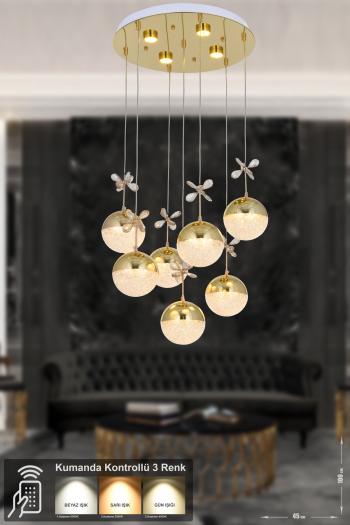 Avizemoda Forde 7'li Power Ledli Kumandalı Modern Lüks Sarkıt Avize, 3 Renk: Sarı-beyaz-gün Işığı - Gold