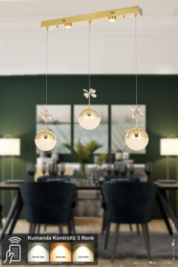 Avizemoda Forde 3'lü Power Ledli Kumandalı Modern Yemek Masası Üstü Avize, 3 Renk: Sarı-beyaz-gün Işığı -gold
