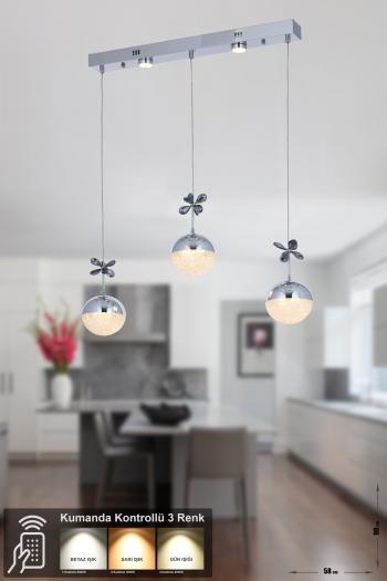 Avizemoda Forde 3'lü Power Ledli Kumandalı Modern Yemek Masası Üstü Avize, 3 Renk: Sarı-beyaz-gün Işığı -krom