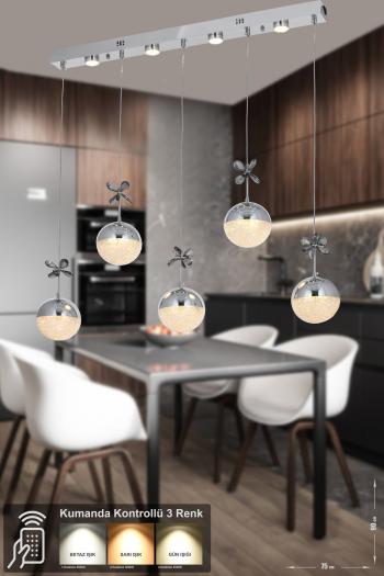 Avizemoda Forde 5'li Power Ledli Kumandalı Modern Yemek Masası Üstü Avize, 3 Renk: Sarı-beyaz-gün Işığı -krom