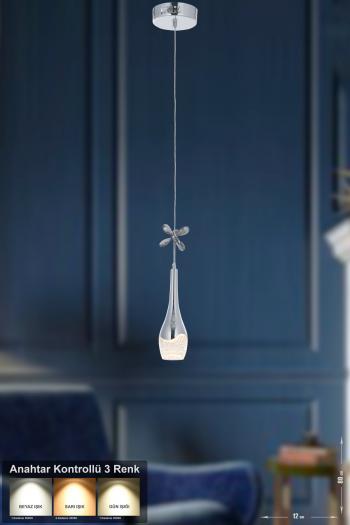 Avizemoda Lale Tekli Ledli Modern Lüks Sarkıt Avize (3 RENK LED; SARI - BEYAZ - GÜN İŞIĞI) - Krom