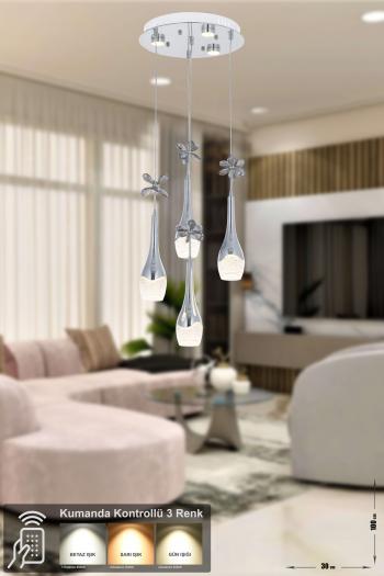 Avizemoda Lale 4'lü Power Ledli Kumandalı Modern Lüks Sarkıt Avize, 3 Renk: Sarı-beyaz-gün Işığı - Krom