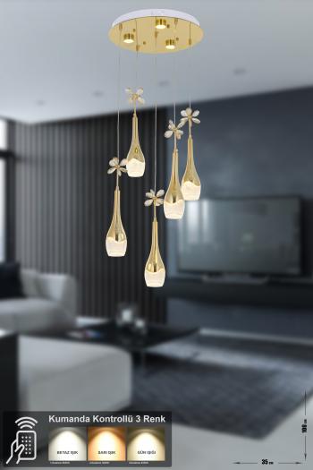 Avizemoda Lale 5'li Power Ledli Kumandalı Modern Lüks Sarkıt Avize, 3 Renk: Sarı-beyaz-gün Işığı - Gold
