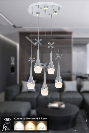 Avizemoda Lale 5'li Power Ledli Kumandalı Modern Lüks Sarkıt Avize, 3 Renk: Sarı-beyaz-gün Işığı - Krom