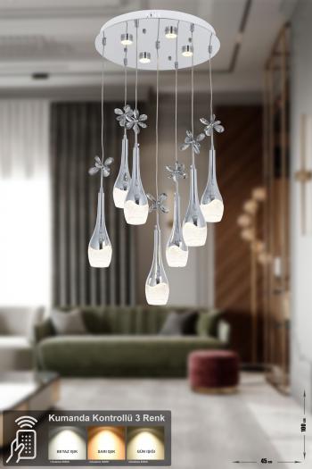 Avizemoda Lale 7'li Power Ledli Kumandalı Modern Lüks Sarkıt Avize, 3 Renk: Sarı-beyaz-gün Işığı - Krom