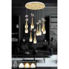 Avizemoda Lale 9'lu Power Ledli Kumandalı Modern Lüks Sarkıt Avize, 3 Renk: Sarı-beyaz-gün Işığı - Gold