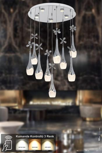 Avizemoda Lale 9'lu Power Ledli Kumandalı Modern Lüks Sarkıt Avize, 3 Renk: Sarı-beyaz-gün Işığı - Krom